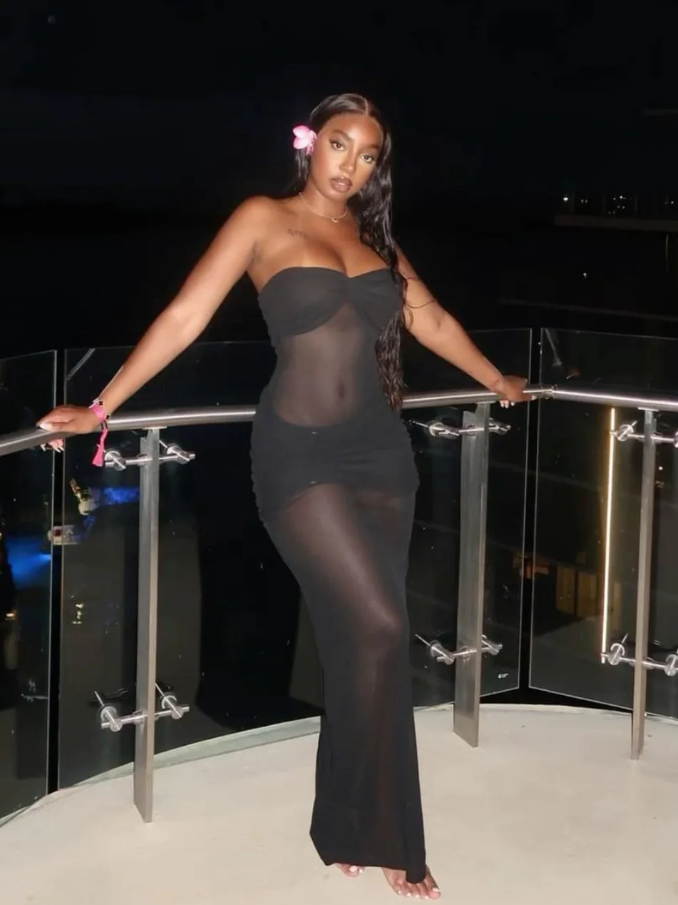 

Sexy Mesh Patchwork Women Long Dress See Through Hollow Strapless Elastic Slim Fit Sexy Coquette Vacation Seaside Party Dresses