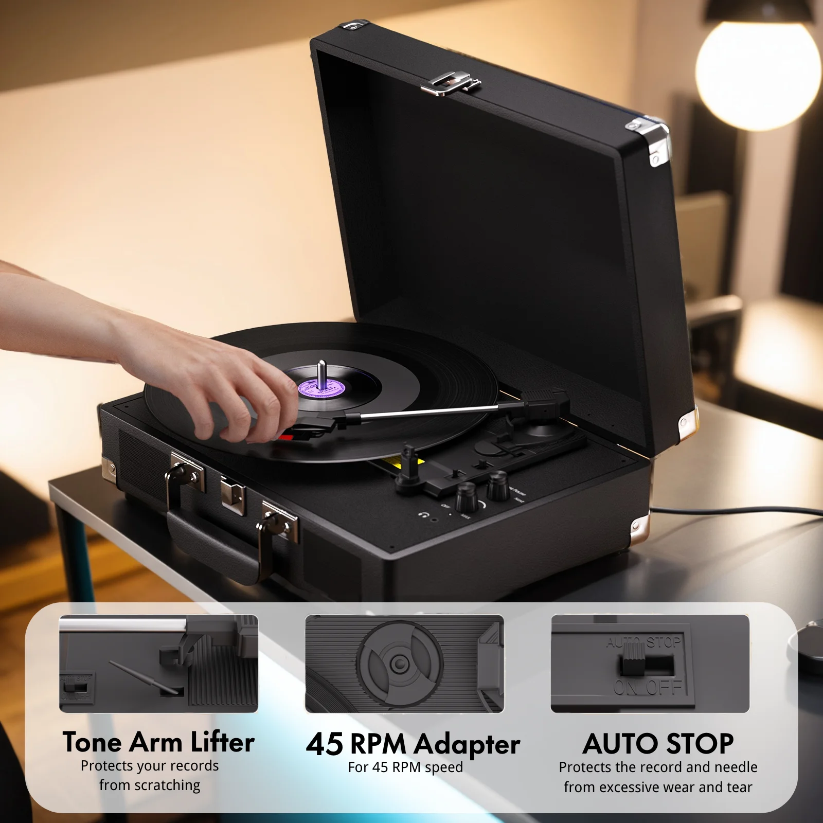 MAIO platenspeler, 3 snelheden 33/45/78 RPM vinylspinner met 2 ingebouwde stereoluidsprekers, hoofdtelefoonaansluiting