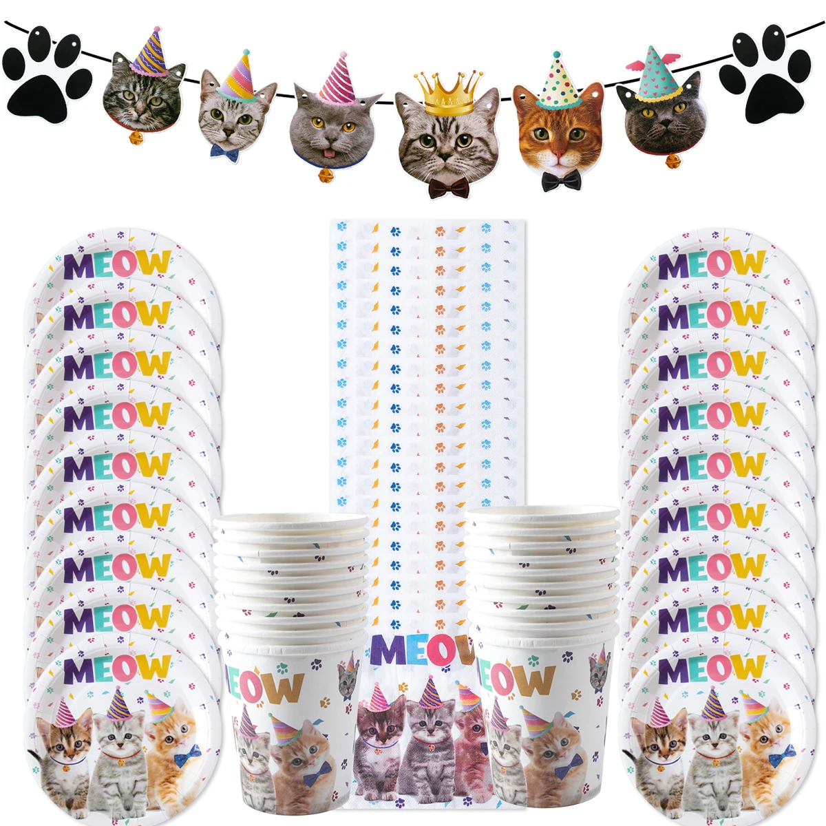 Pet Cats Birthday Party Decoration Paper Banner Plate Cup Cake Topper Disposable Tableware Set Kids Cats Theme Party Supplies