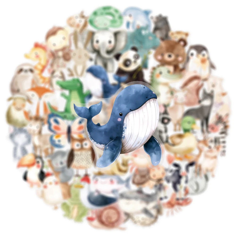 10/30/50pcs Transparent Watercolor Animal Stickers Cute Monkey Panda Elephant Decals Toys Waterproof DIY Notebook Diary