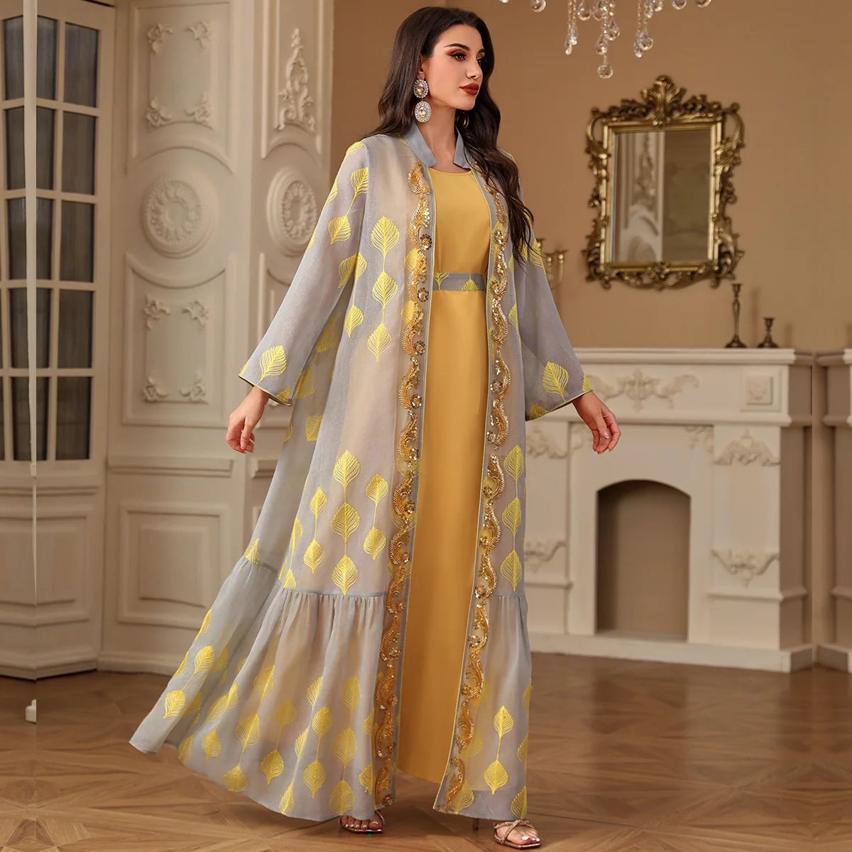 Eid มุสลิม Abayas สําหรับสตรี 2 ชิ้นชุดเย็บปักถักร้อยเสื้อสเวตเตอร์ถัก Robe Lace Up ชุดโมร็อกโก Kaftan อิสลาม Ramadan ดูไบชุด