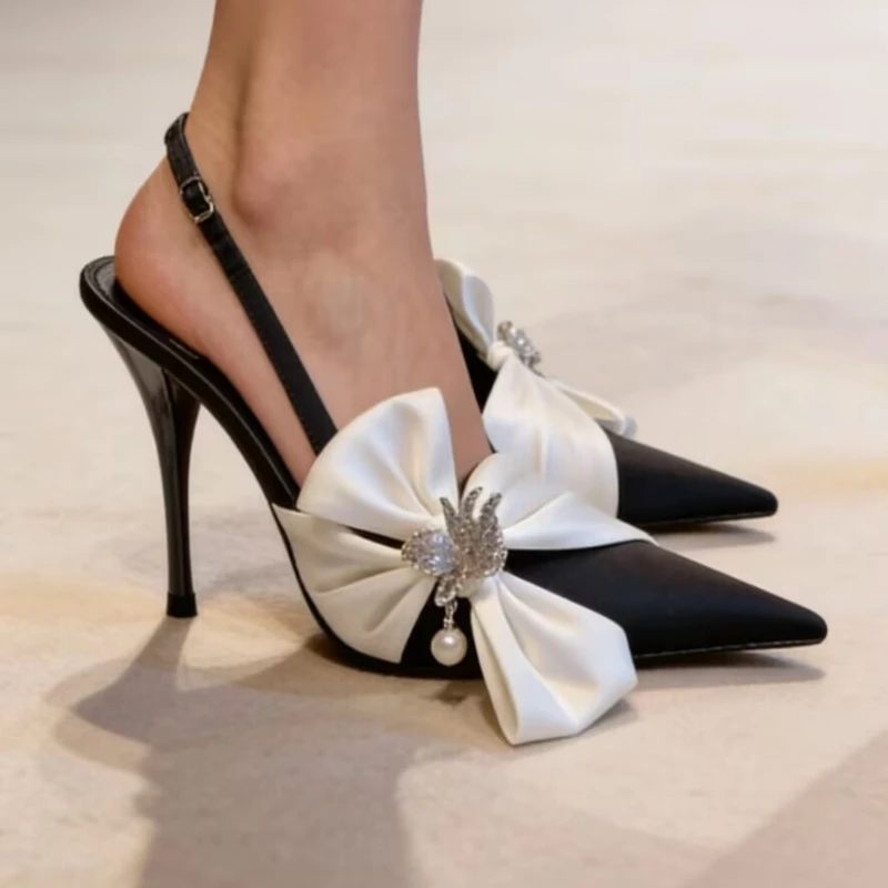

2026 New Summer Fashion Banquet Bow rhinone Buckle High Heeled Pointed Satin Wedding Shoes Women's Sandals