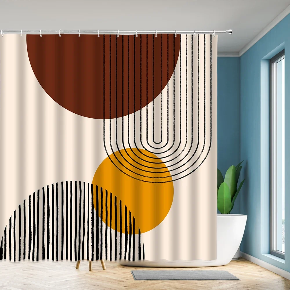 

Abstract Mid Century Shower Curtain Arch Sun Moon Minimalist Geometric Curve Stripes Fabric Christmas Landscape Bth Curtain Hook
