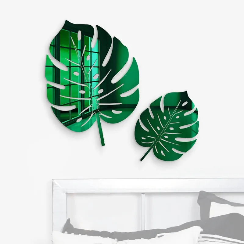 2PCS Acrylic Monstera Deliciosa Leaves Mirror Custom Wall Decor Mirrors 3D Wall Art Hanging Mirror for Bedroom Dorm Living Room