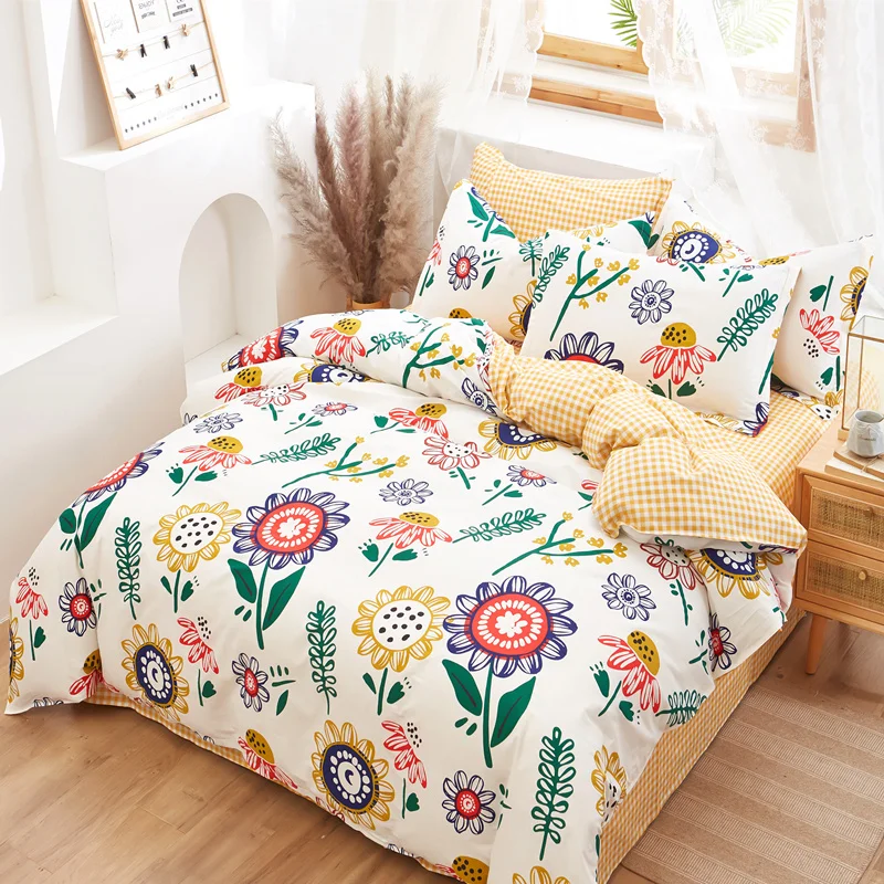 100% Cotton Cartoon Sunflower Pattern Duvet Cover Set Yellow and White Plaid Theme Bedding Colorful Quilt Cover（2 Pillowcases）