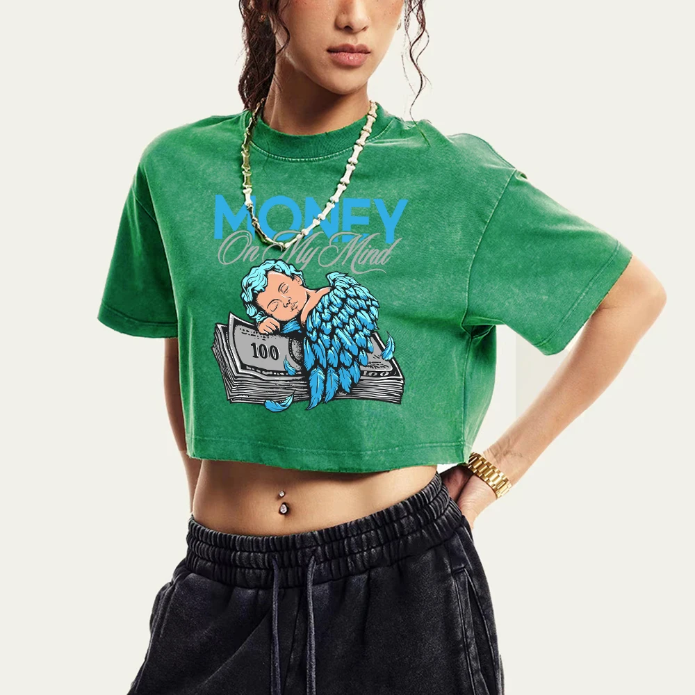 The Angel Boy Sleeping On Money Printed Washed T-Shirt Women Slim Cotton T Shirts Fashion Short Sleeve All-Match Casual Crop Top