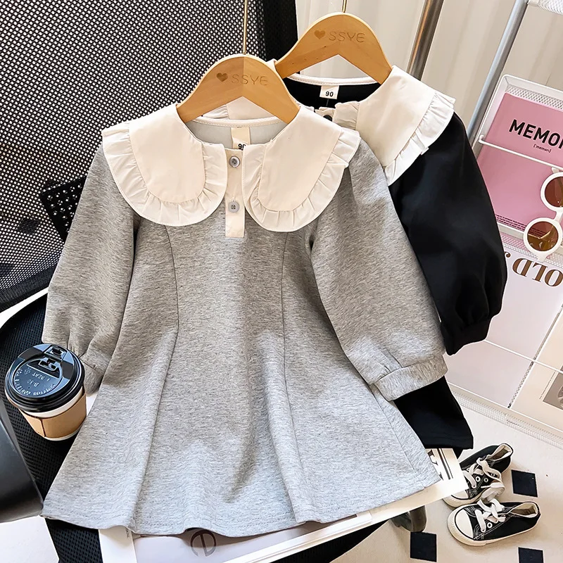 Girl Casual Dresses Autumn Autumn New Sweater Princess Medium Length Simple Fashion 2024 Childrens Clothing Simple