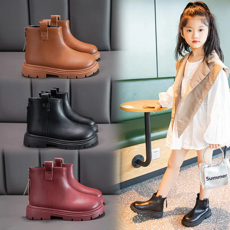 Girls Ankle Boots Kids Rubber Boots Unisex Fashion 2024 Autumn Winter Back Zipper Simple Classic Children Winter Shoes Anti-skid