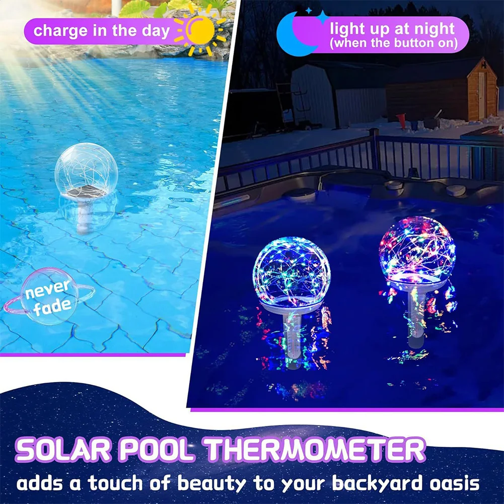 Floating Pool Thermometer with Solar LED Light Waterproof Water Temperature Gauge Multifunction for Cold Plunge Spa Pond