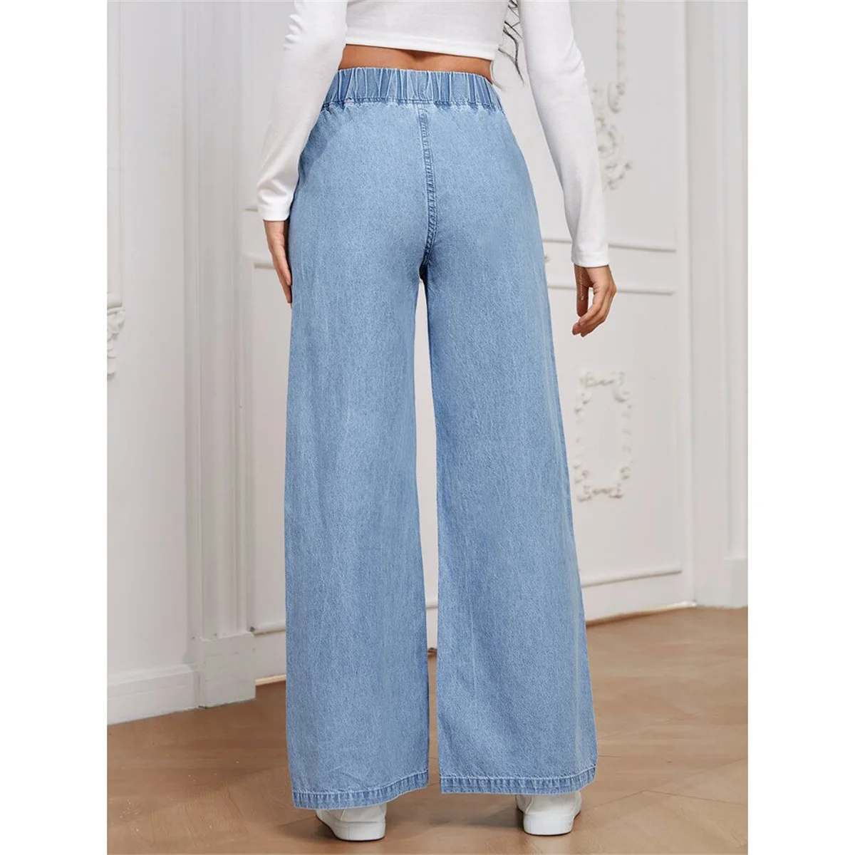 Women Fashion Vintage Denim Jeans High Elastic Waist Solid Pants Female Street Y2K Casual Trousers Lady Autumn Spring Chic Pant