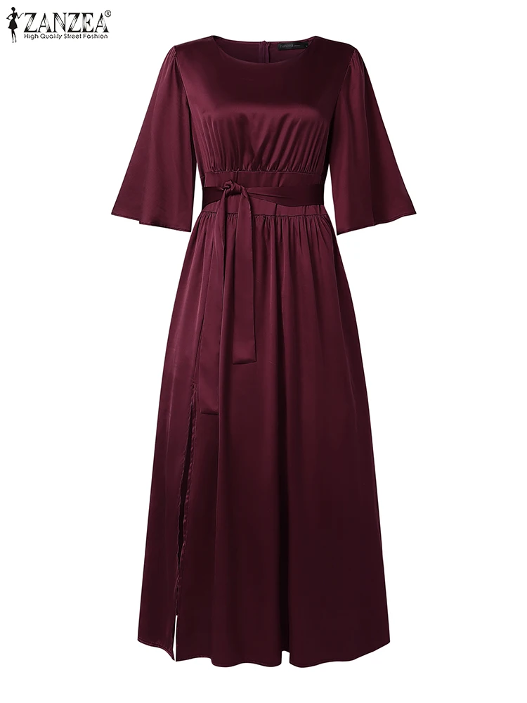 エレガントな女性用ベルト付きオフィスドレス ZANZEA 2025 欧風ラッフルロングヘムスリット入りサテンシルクサンドレス ファッション半袖パーティードレス