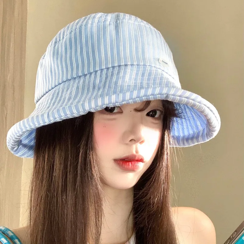 Japanese Small Fresh Striped Soft-brimmed Bucket Hat for Women Spring and Summer Thin Fashion Shade Foldable Sun Caps