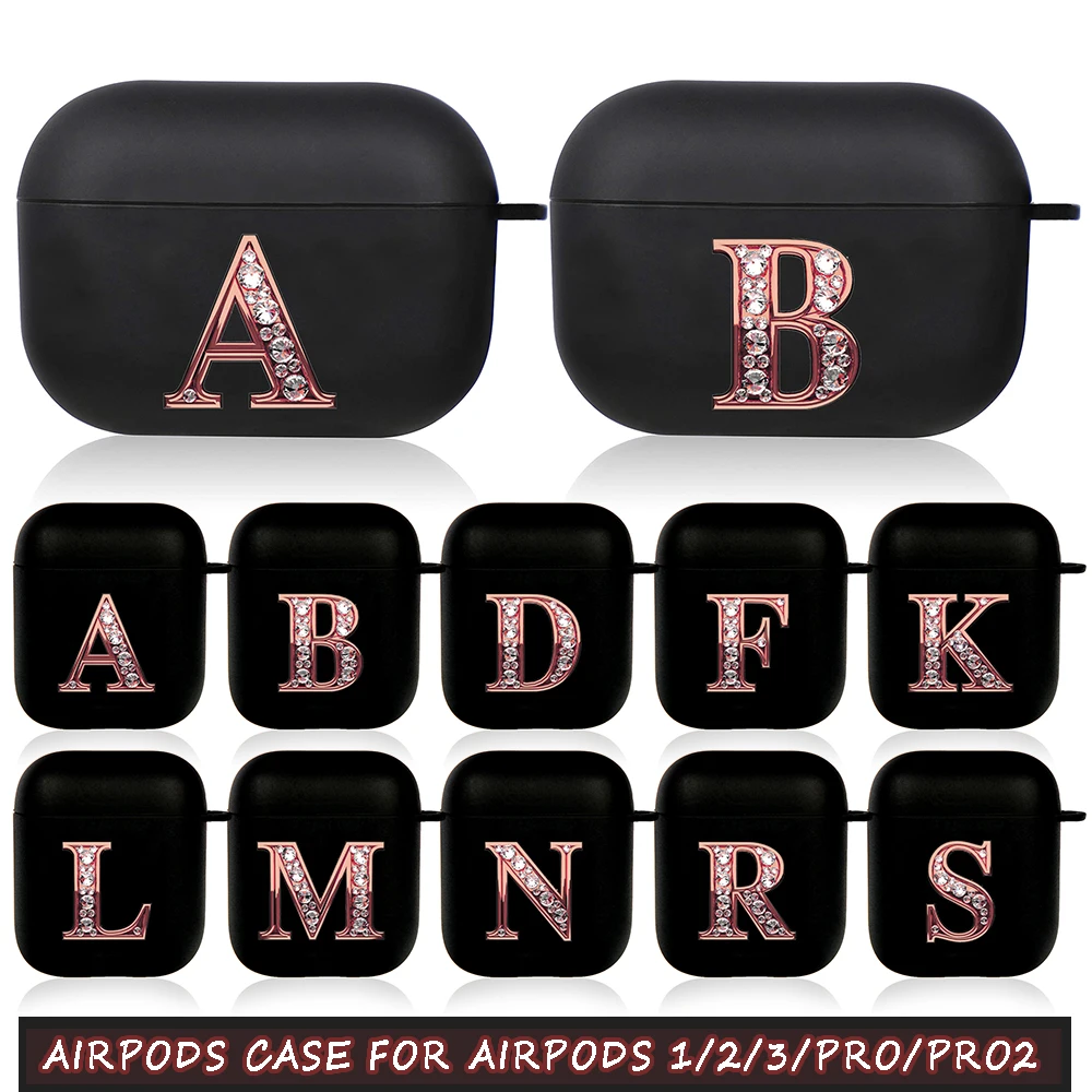 Fundas Airpod con letra M D K L de oro rosa Air Pro 3 para Airpods Pro 2 3.a generación Funda Airpord Funda negra con diamantes Funda