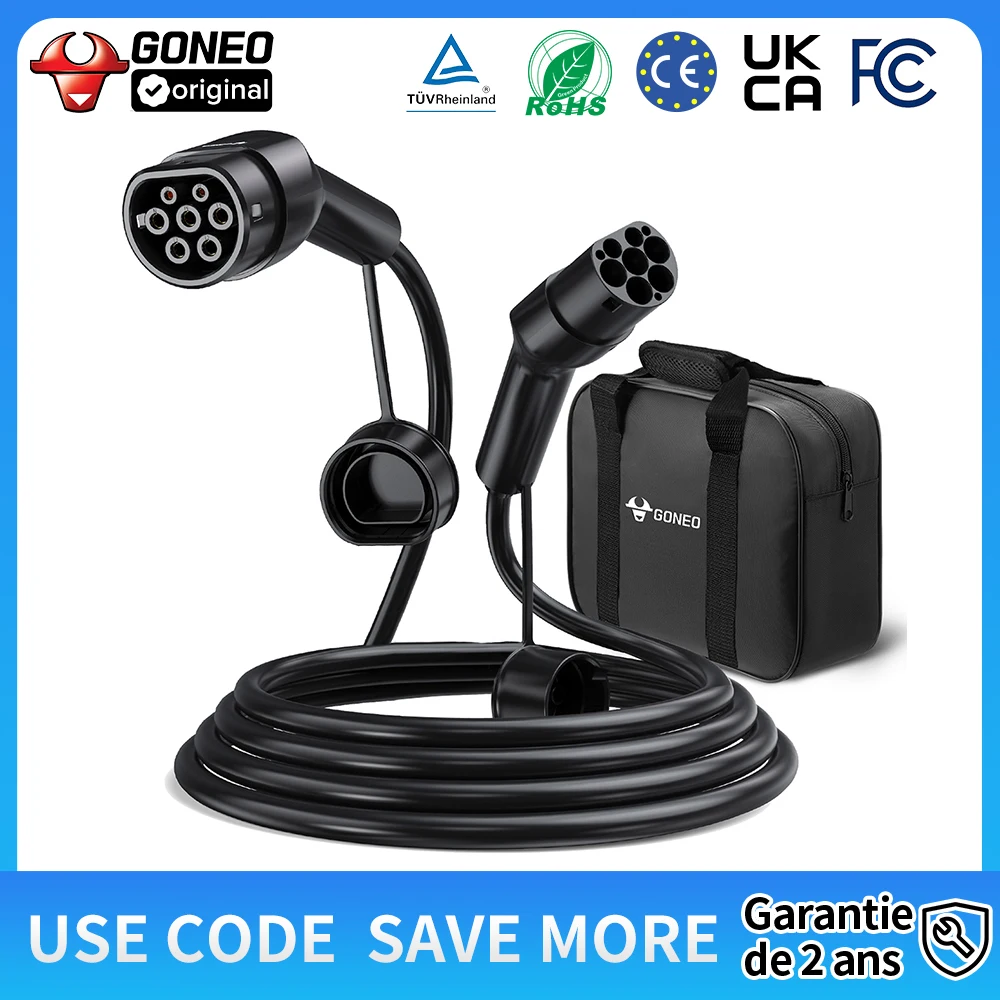 Câble de chargement GONEO EV pour voiture électrique, Type 2, CSS 2, 22KW 5 mètres triphasé, pour voiture électrique EV/PHEV hybride Auto IP54 étanche