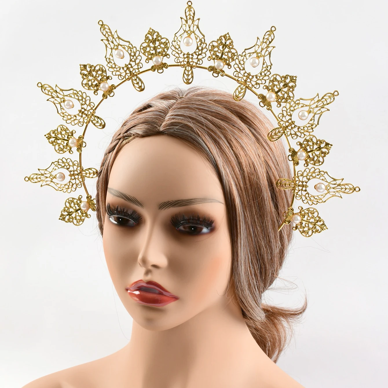 Ancient style hair accessories Golden Virgin halo Ancient costume TV series shooting accessories Double pearl vintage hair hoop