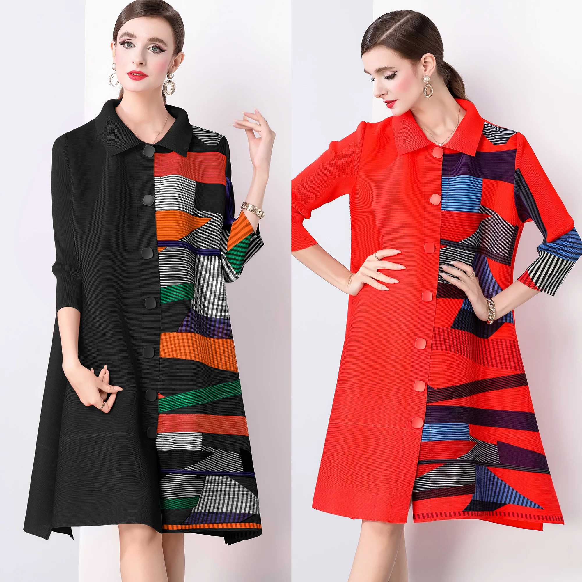 Miyake Pleated Oversize Draped Dress Women Lapel Print Loose Large Size Fat Thin Single-breasted Cardigan Dresses 2024 Autumn