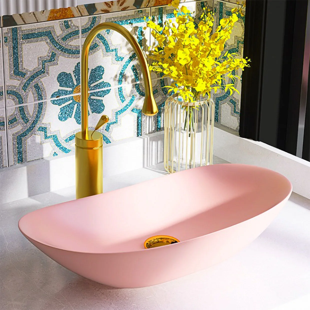 Countertop Basin Washbasin Home Balcony Bathroom Ceramic Washbasin Oval Pink Art Pool Wash Single Basin