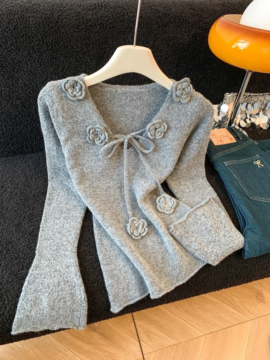 Ele Long Sve Strickpullover Damen Slim Fit Herbst Winter Faion V-Ne Weiche Polyesterfaser Bellslee Top