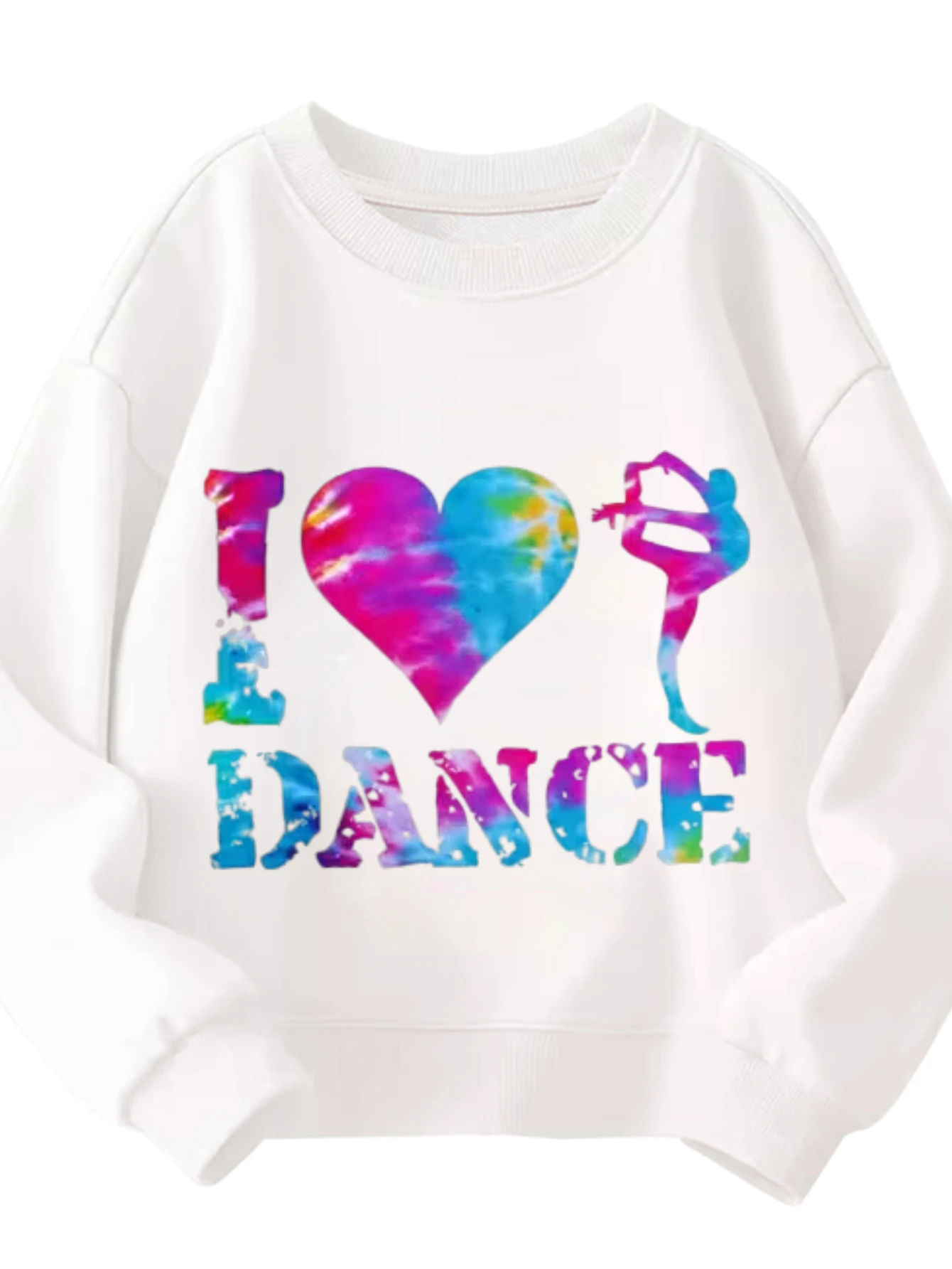 سويت شيرت للأطفال برقبة دائرية وصبغ التعادل I Love Dance Dancer Silhouette للجنسين بلوفر أبيض جرافيك لمحبي الرقص
