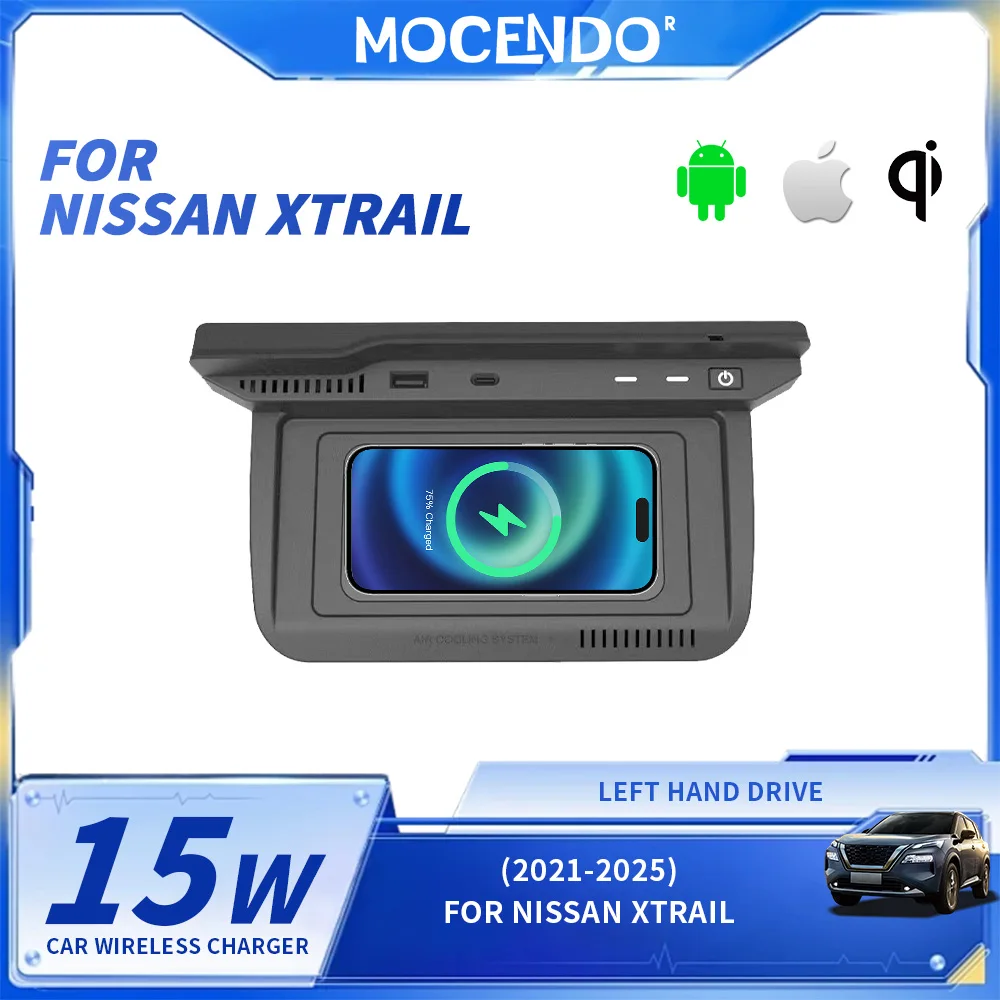 Base de Carregamento Sem Fio 15W para Carro Nissan X-Trail 2021-2025, Suporte para Celular com Carregamento Rápido, Plug and Play, Acessório Interno