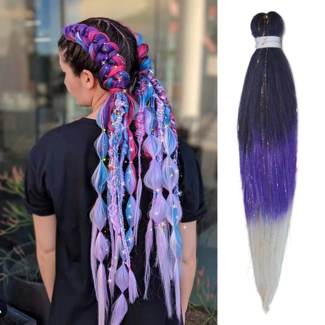 Extensions de cheveux rave pour filles, Tresses droites ombrées, Tinsel de cheveux mélangés, Tresses de jour, Violet et blanc, 3 tons