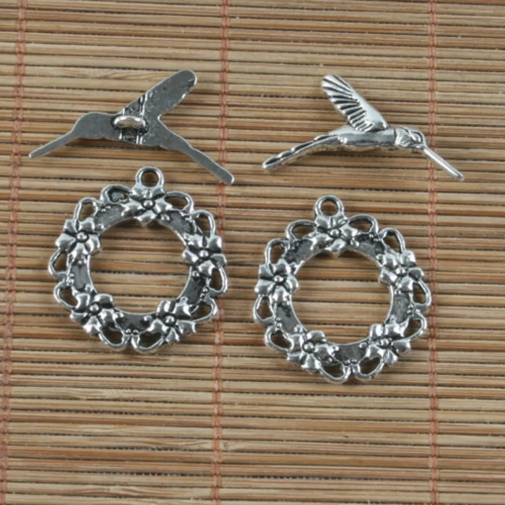 

5SETS ring:25mm,bird:29mm hole:2mm TIBETAN SILVER FLOWER BIRD DESIGN TOGGLE CLASP H3605