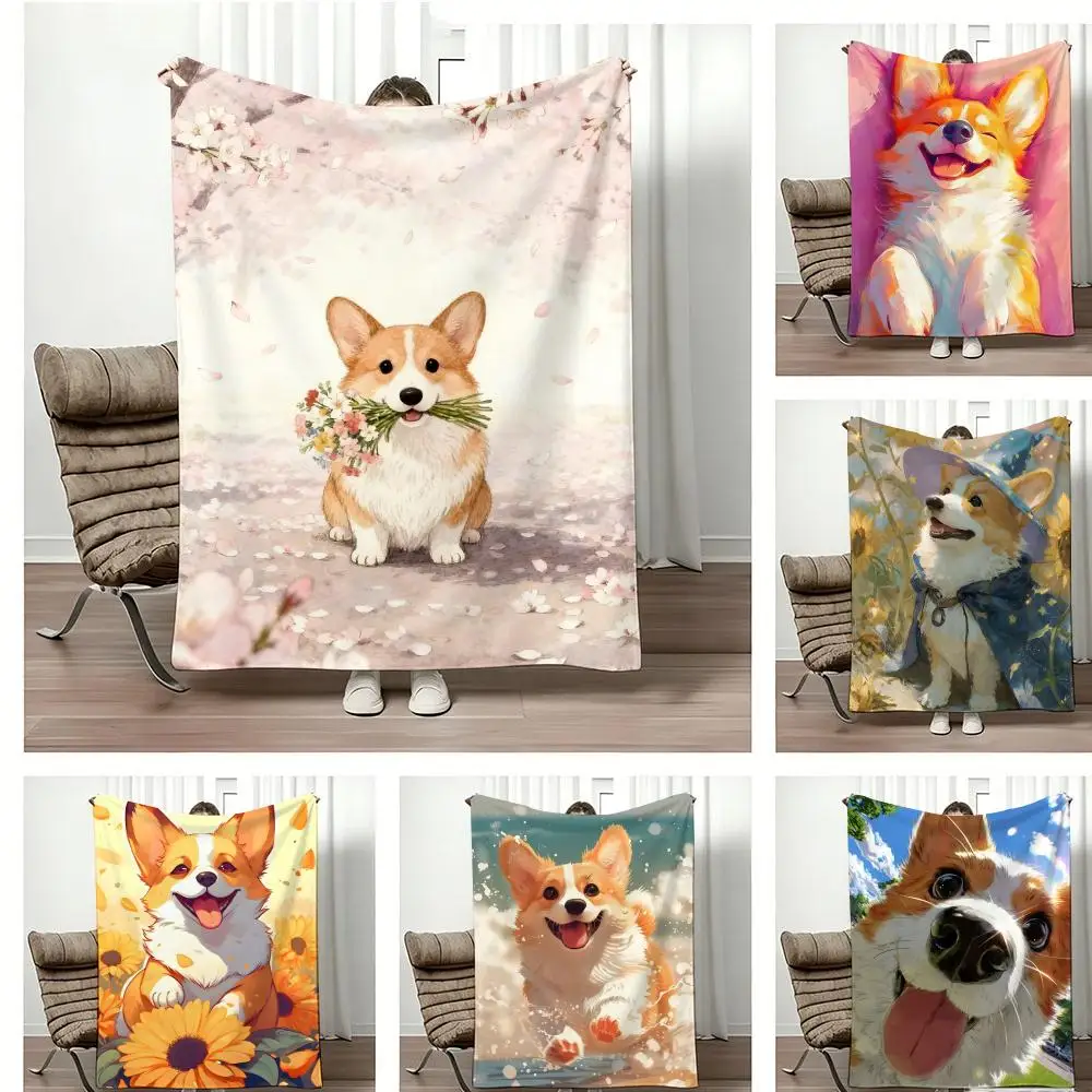 Cute Cartoon Calming Anima Corgi Throw Lightweight  Flannel Blanket Soft Skin-friendly for Summer Cooling