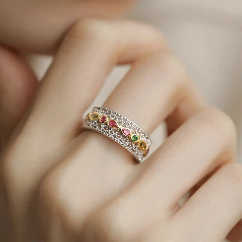 

PANJBJ 925 Sterling Silve Lace Retro Ring for Women Girl Gift Pink Zircon Hollowed Out Banquet Jewelry Dropshipping