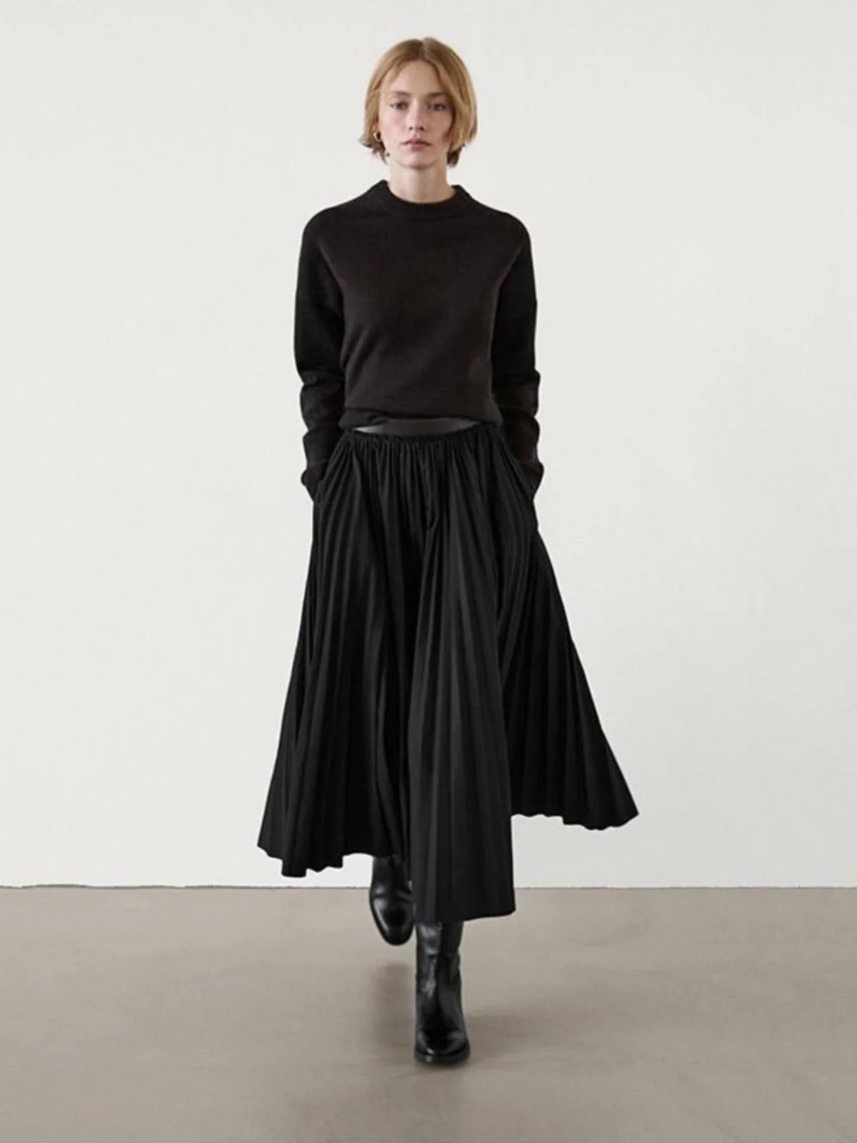 Ele Bla Skórzana i Plisowana Spódnica o Kroju A-Line z Średnim Stanem, Idealna do Pracy, dla Kobiet, Nowość na Jesień i Zimę