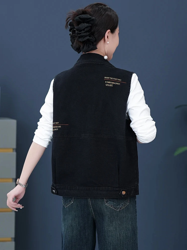 Faionable Svel  Collar Denim Vest Women's Spring Autumn New Sle Youthful  Collar Jeans Vest Outerwear