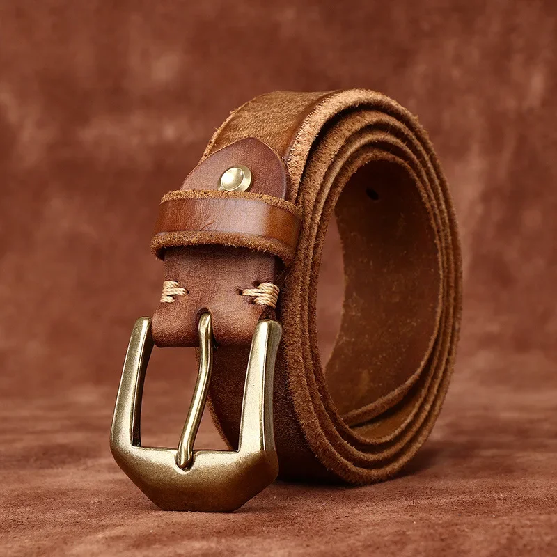 3.8CM rugged domineering thickened extra thick leather top layer cowhide leather belt  men's copper buckle raw edge wool botto