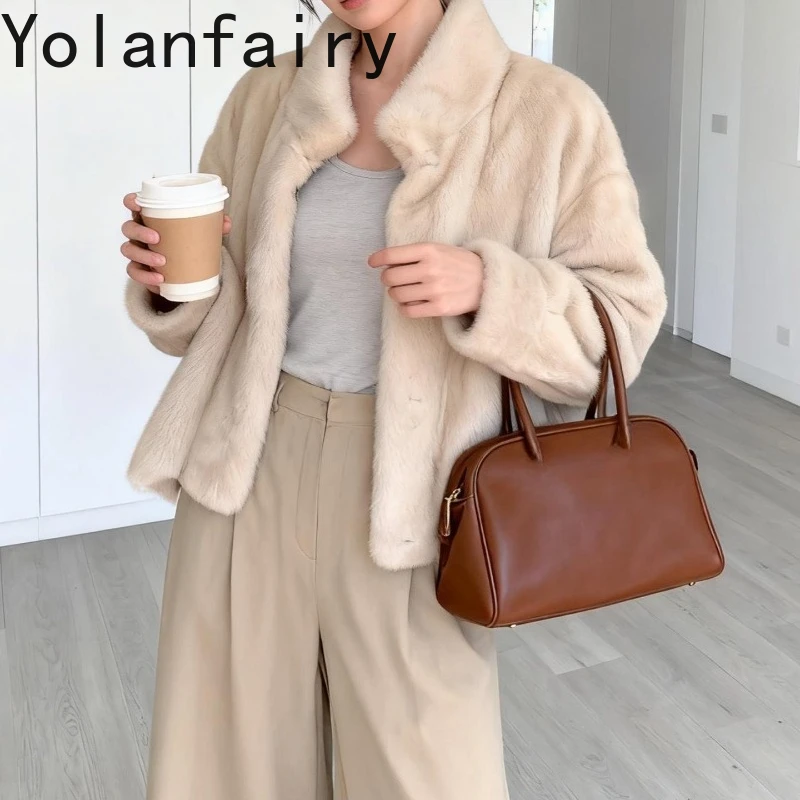 YOLANFAIRY 高級天然毛皮コート女性の冬エレガントなスタンドカラーショート本物のミンクの毛皮のジャケット婦人服アブリゴ