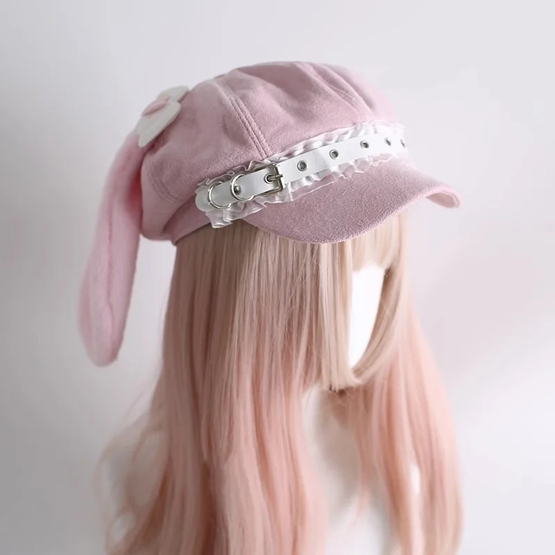 2025 المرأة اليابانية الوردي القلب أرنب قبعة Harajuku القوطية لوليتا الملاك قبعة الدانتيل قبعة ثقافة فرعية Y2K فتاة لطيف قبعات للحماية من الشمس