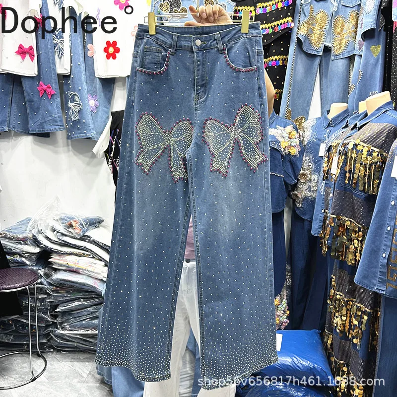 

Cute Bow Diamonds Hot Drilling Blue Denim Trousers 2025 New Autumn All-match Wide Leg Pants Floor-length Washed Straight Jeans