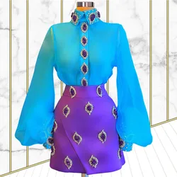 Blue Cocktail Dresses Sheath Long Sleeves Short Mini Beaded Crystals Party Homecoming Dresses Black Girl