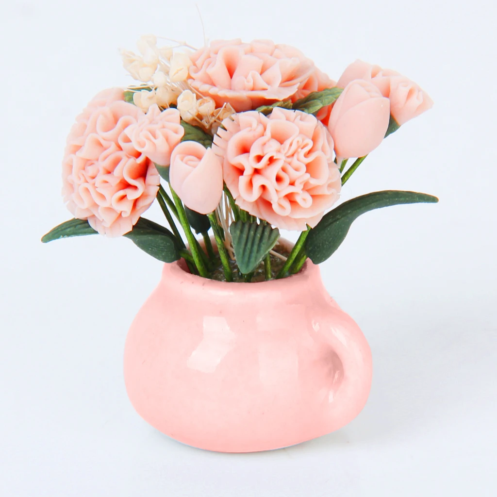 Carnation Rose Flower Plant Clay Light Pink Ceramics Jar Miniature Doll Flowers for 1 12 Dollhouse
