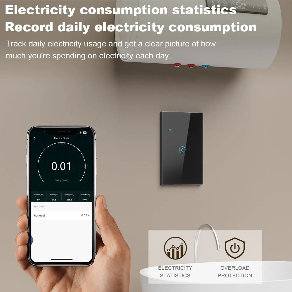 WiFi Smart Water Heater Switch/Voice Control, Remote App/Timing Energy Metering/Compatible with Alexa/Google Home