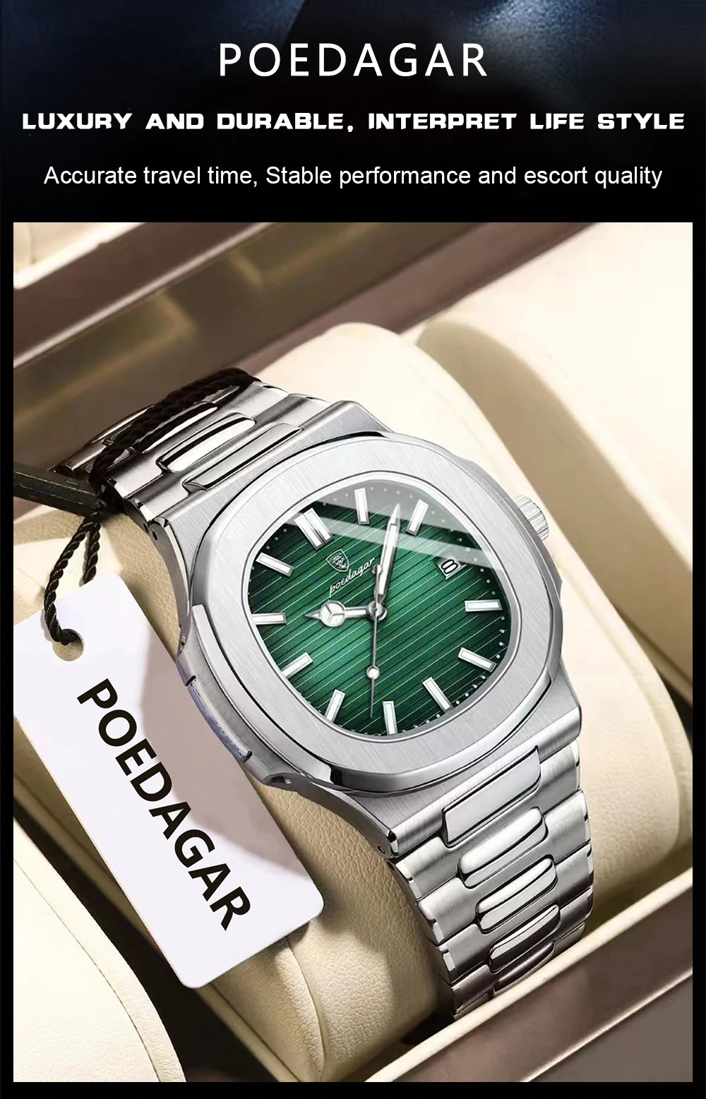 POEDAGAR Original Platz Männer Armbanduhr Datum Wasserdicht Edelstahl Leucht Mann Uhr Mode-Business Quarz herren Uhren – Detail 12