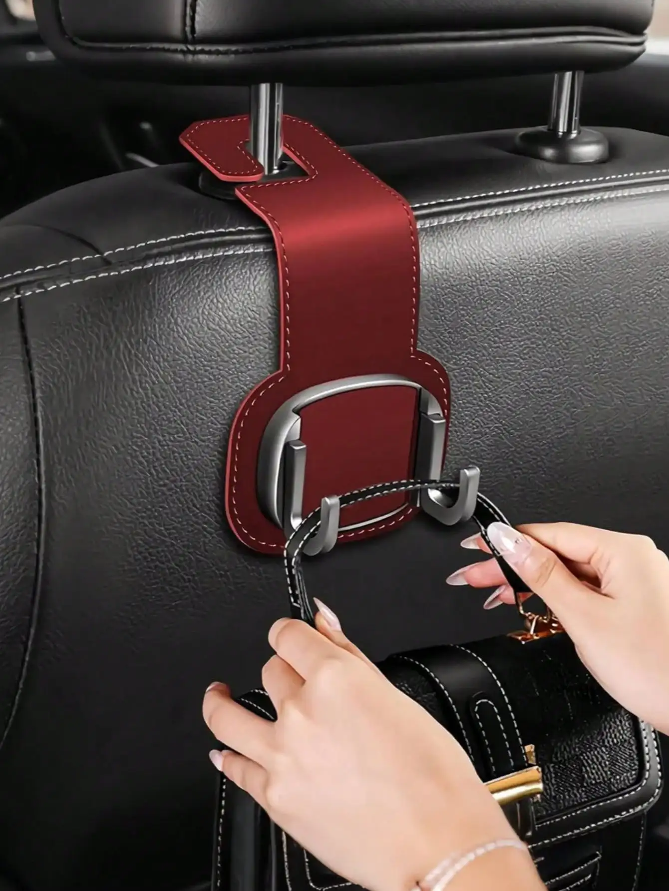 Car Seat Back Hook – Faux Suede Foldable Dual Metal Hanger, Car Interior Organizer, Small Item Storage Hook