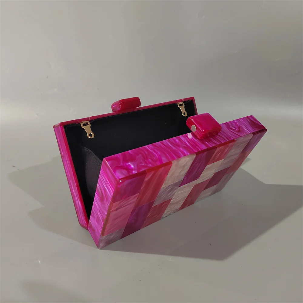 Rose-Carmine Plaid Wallet Women Brand New Luxury Wedding Party Bag Acrylic Box Day Clutches Evening Party Wedding Mini Purse