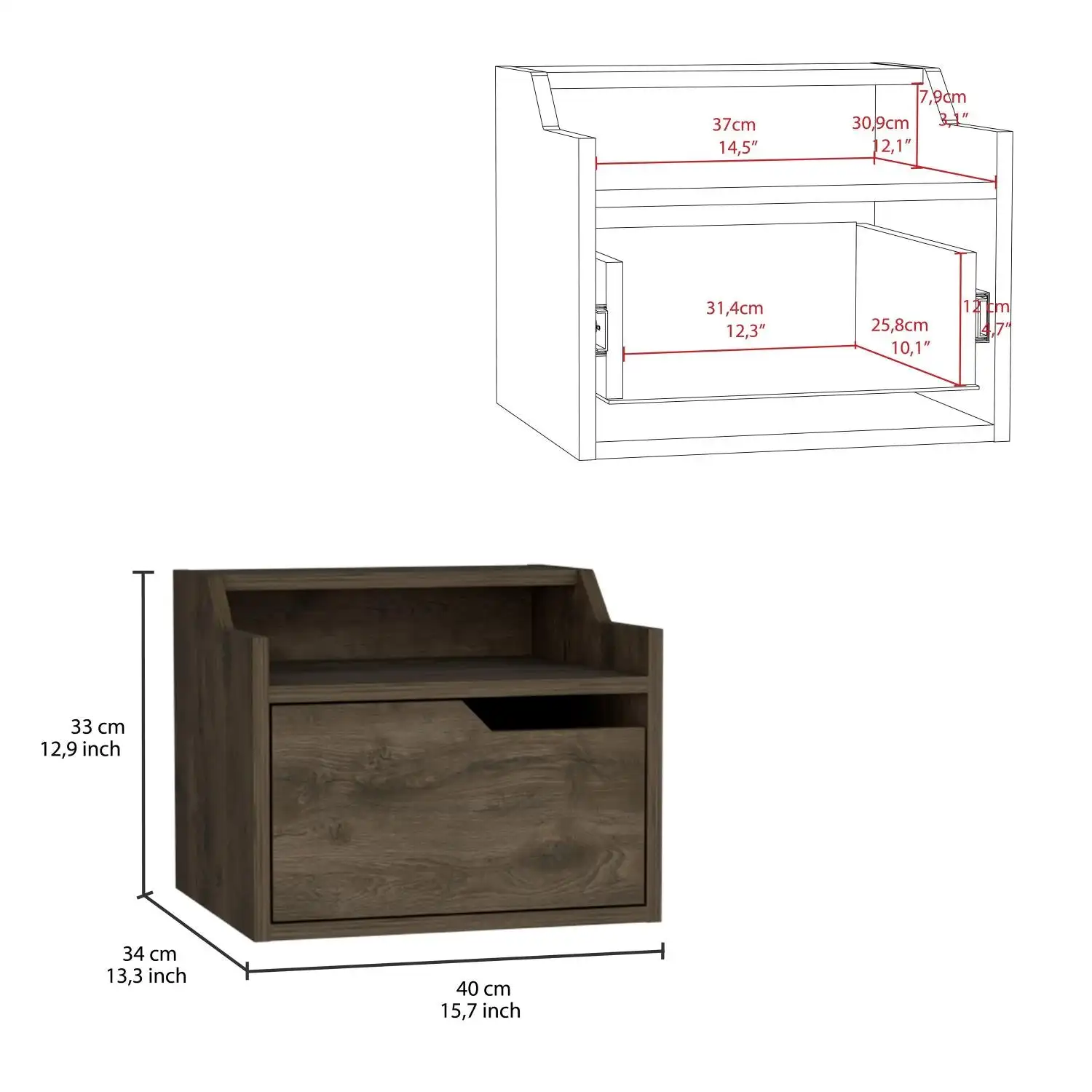 Busan Modern Floating Nightstand, Single-Drawer Design with Sleek Two-Tiered Top Shelf Surfaces Dark Brown