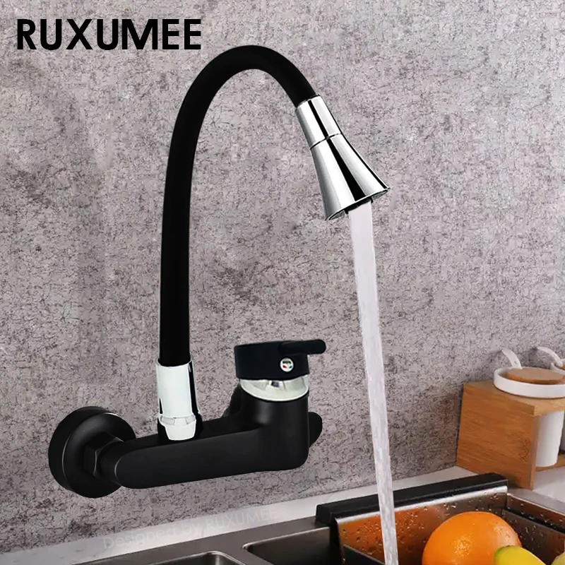 

Гибкий вращающийся на 360° настенный кухонный смеситель, полированный хром, 2 режима, смеситель для раковины с горячей и холодной водой, черный