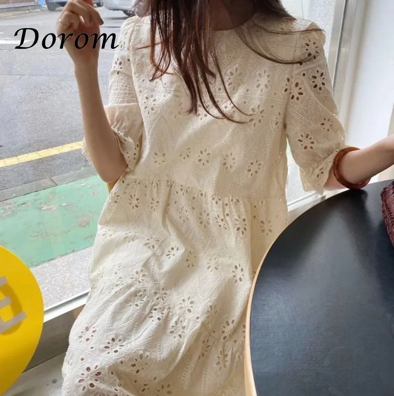 Vintage Embroidery Hollow Out Dress Women Summer Korean Style Peter Pan Collar Lolita Dress Elegant French A-line Party Vestidos