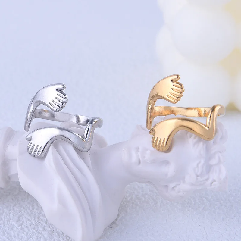 Hands Hug Shaped Couple Rings For Lovers Women Men Lady Boy Girls Valentine's Day Jewelry Gift Silver Color Adjustable Open Ring