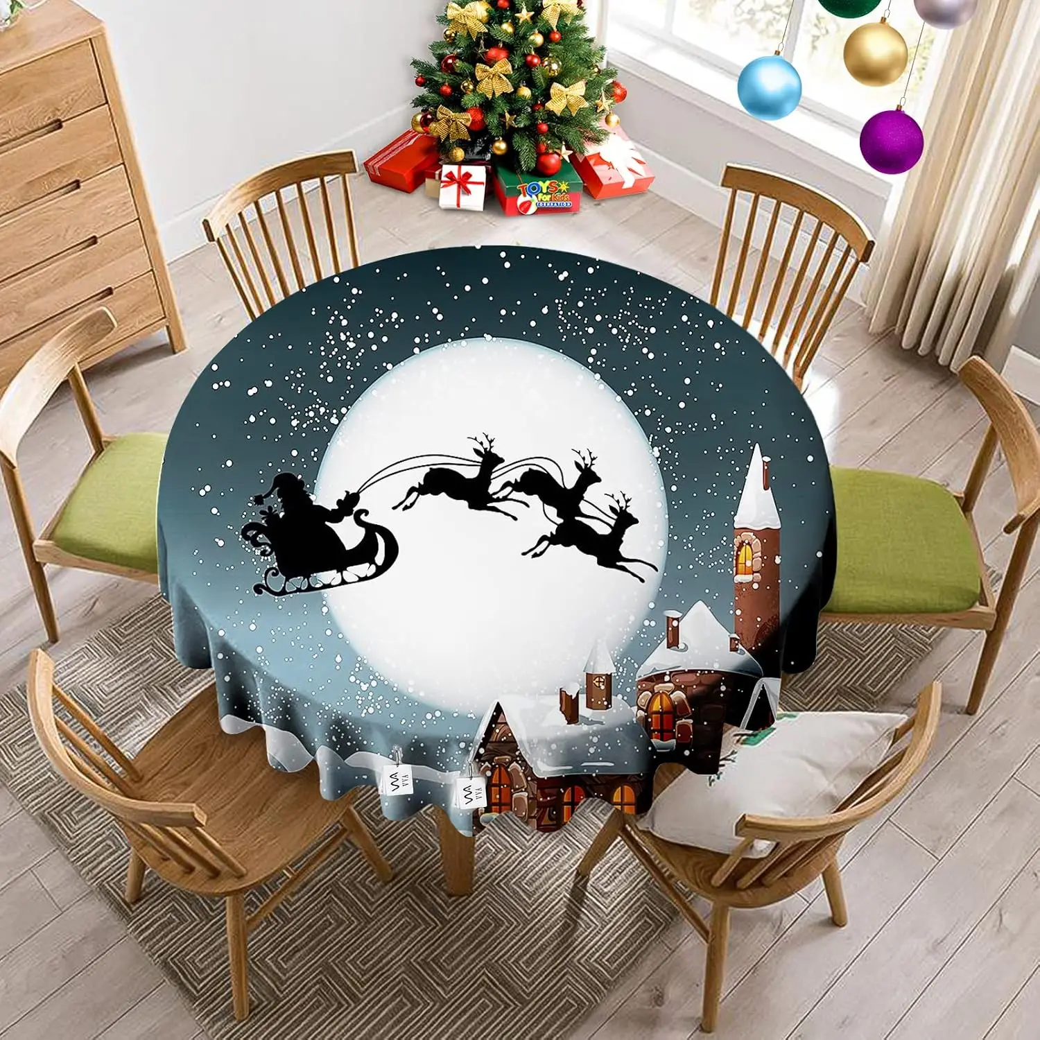 Santa Claus Sleigh Snow Christmas Eve Decorative Winter Vintage Grey Round Table Cloth for Family Christmas Party 60 Inch