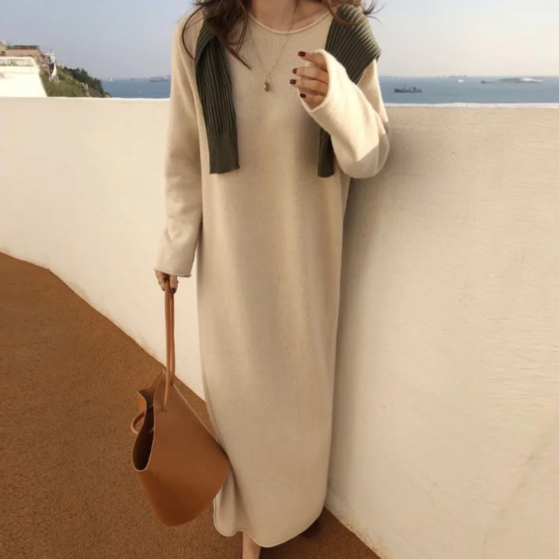 

New Solid Woman Vintage Winter Warm Thick 2022 Dresses Elegant Autumn Sweater Dress Women Korean Clothing Knitted Loose Vestido
