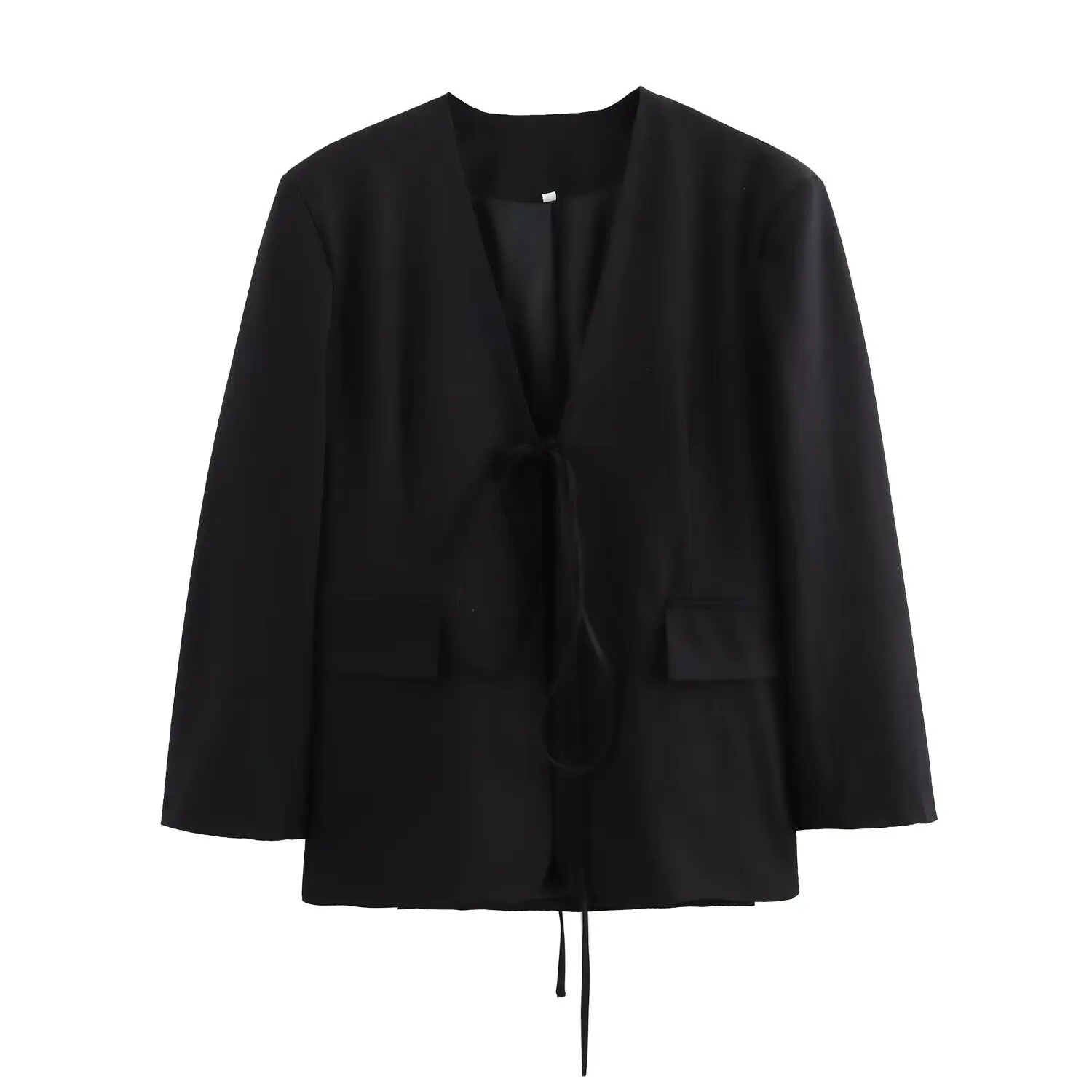 Casual Oversized Black Blazer Women V Neck Bow Tie Pockets Loose Jackets Fashion 2025 Streetwear Women Outwears