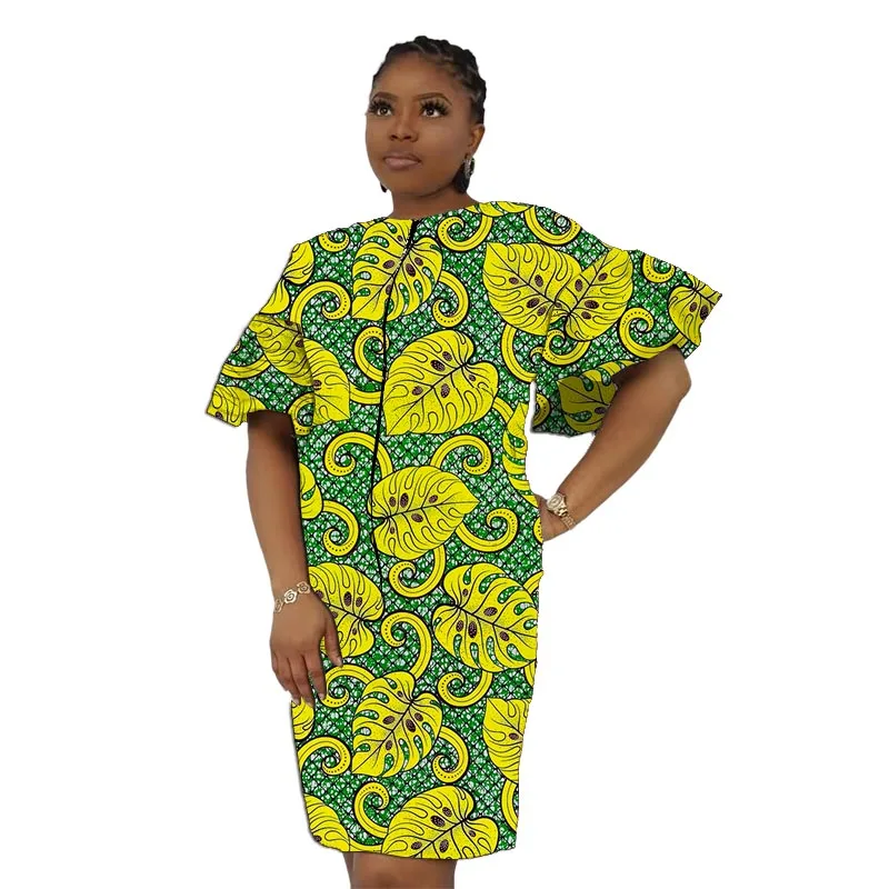 Traditional Handmade Custom O-Neck Dress African Fashion Colorful Print Flare Sleeves Origin Design Women's Ankara Outfit