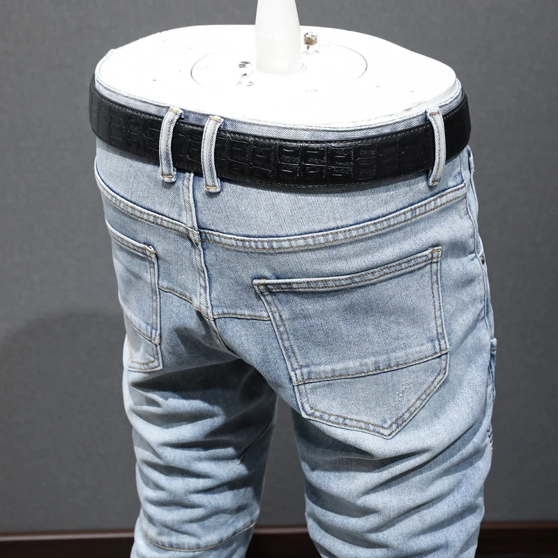 Street Fashion Men Jeans Retro Light Blue Elastic Stretch Slim Fit Spliced Designer Biker Jeans Men Pocket Patched Hip Hop Pants