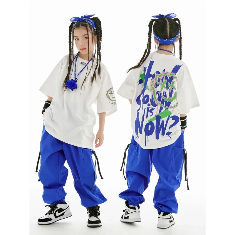 

Jazz Dance Clothes Boys Girls Hip Hop Costume Loose Shirt Blue Pants Boys Breaking Street Dance Outfit Short Sleeves Suit